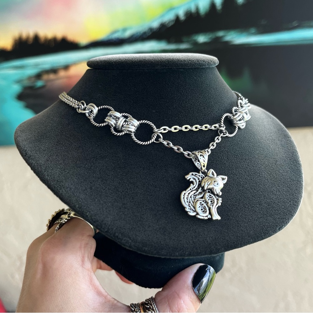 Silver fox charm on handmade maille stainless chain boho choker necklace